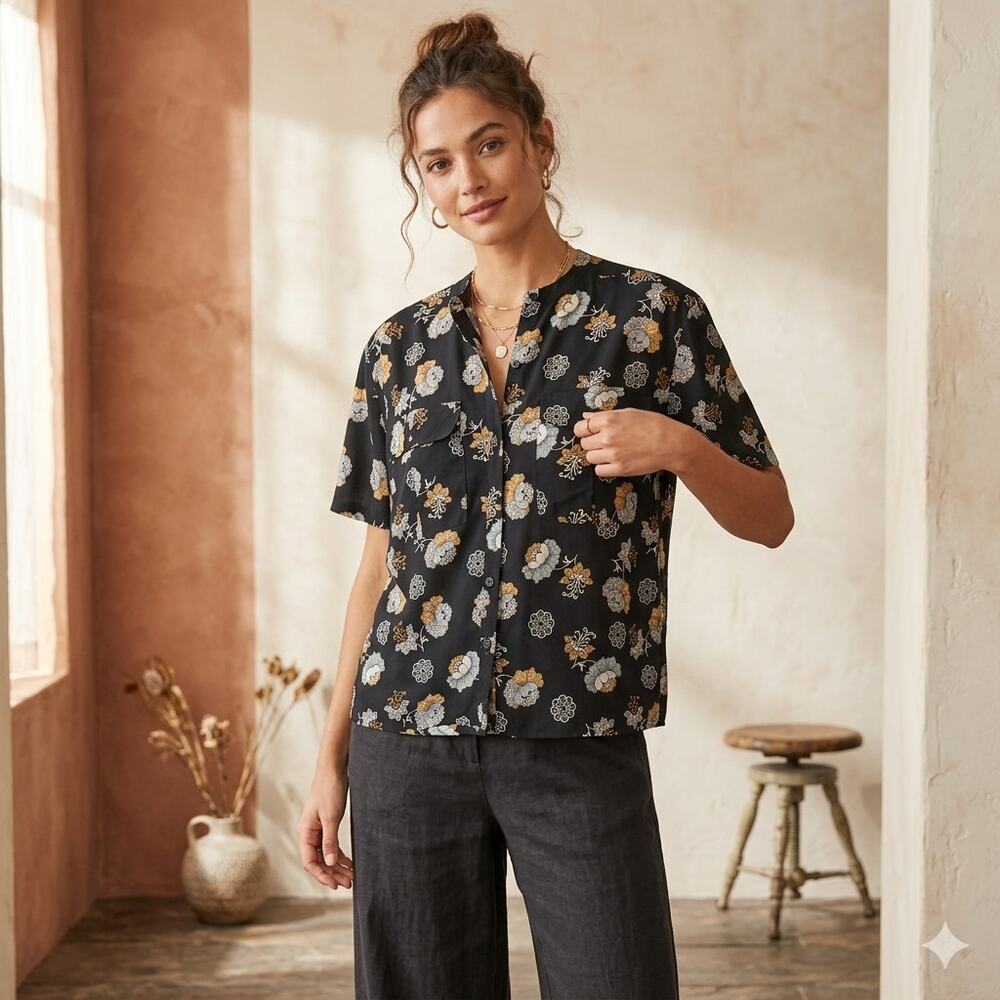 Vintage 90s Rena Rowan for Saville Botanical Floral Print Button Up Shirt Size 6